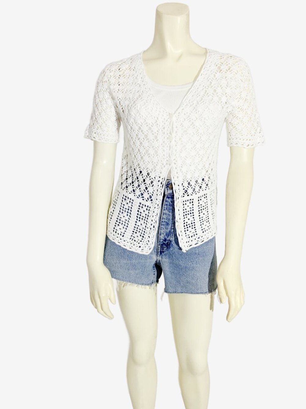 Vintage White Crochet Short Sleeve Cardigan Sweater/ size Small